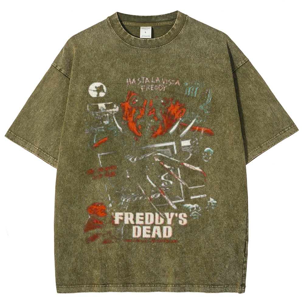 Unisex Vintage Freddy Dead Scary Graphic Short Sleeve Washed T-shirt