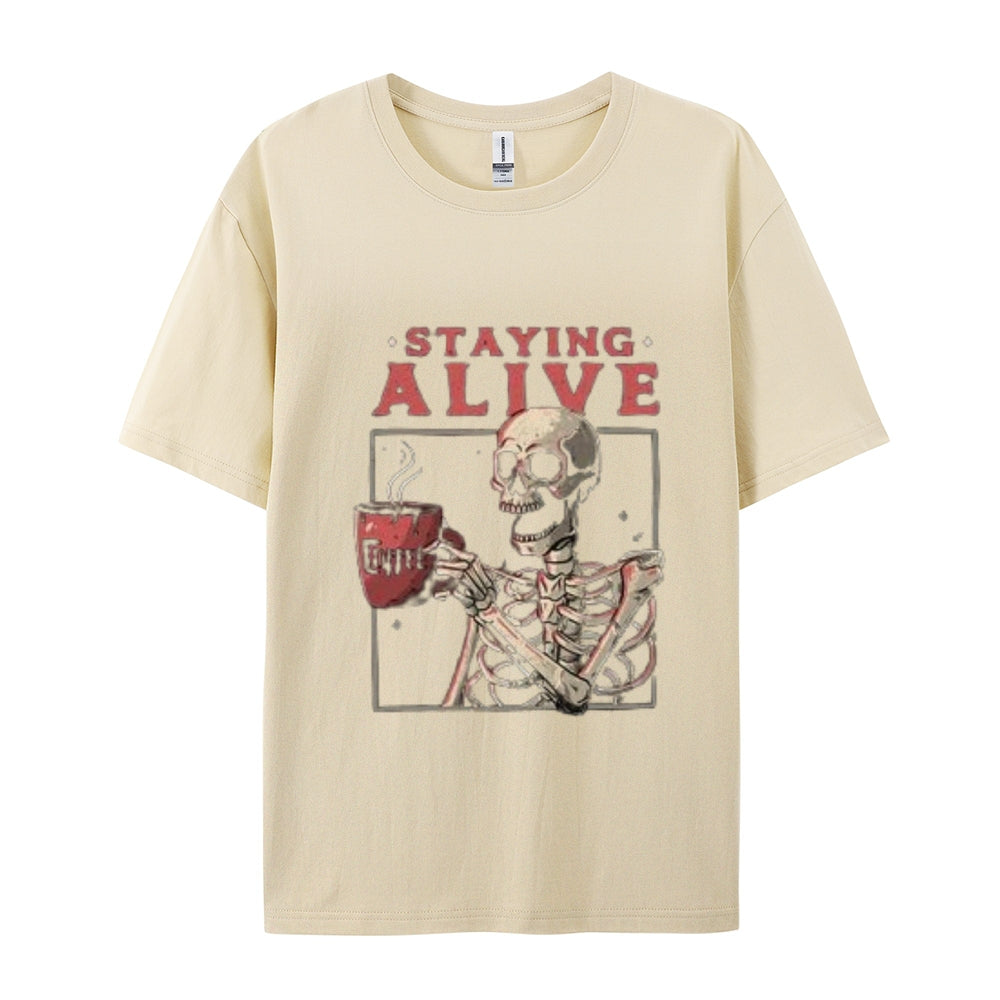 Mens Staying Alive Skull with Coffee Graphic Tee