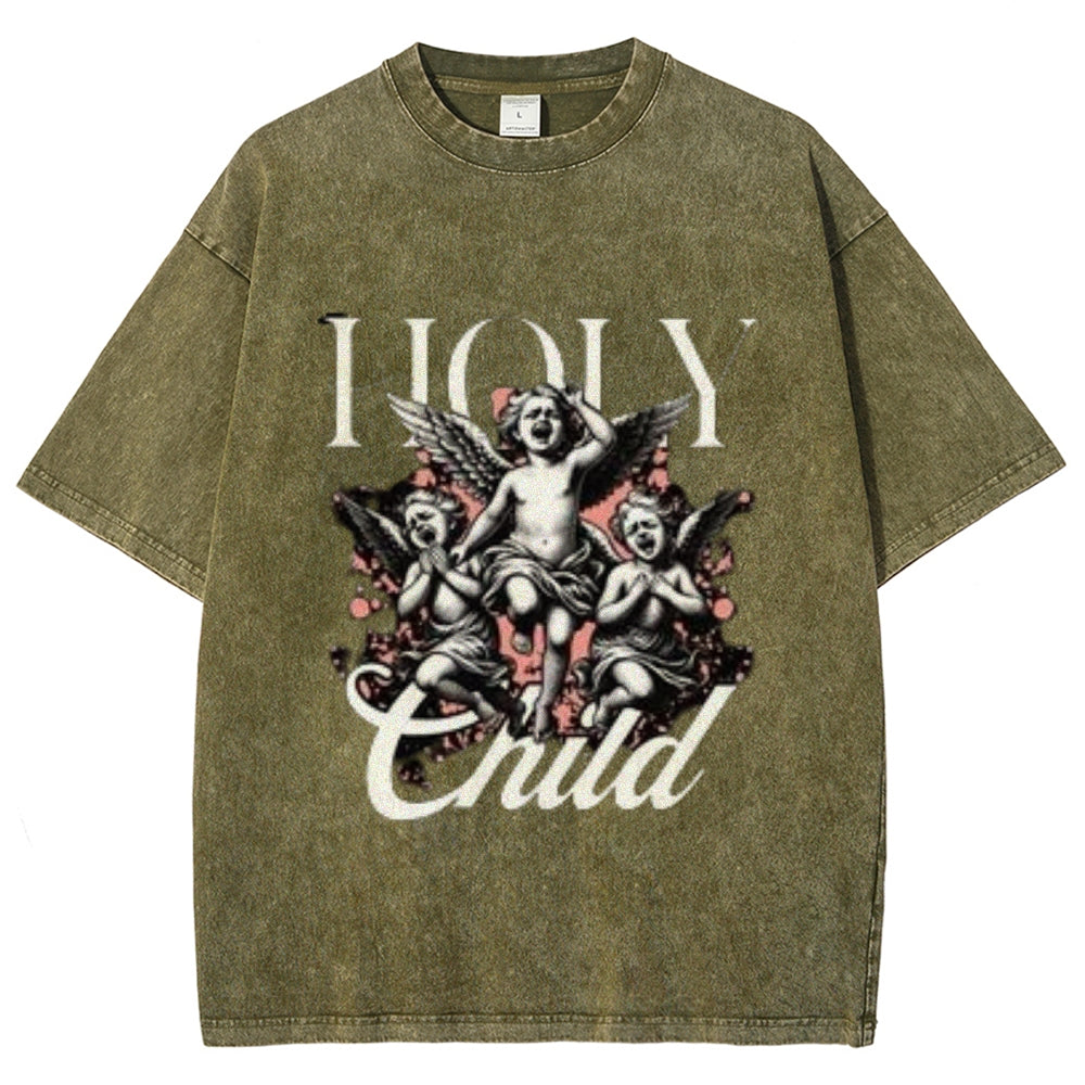 Women Washed Vintage Holy Child Graphic T-shirt