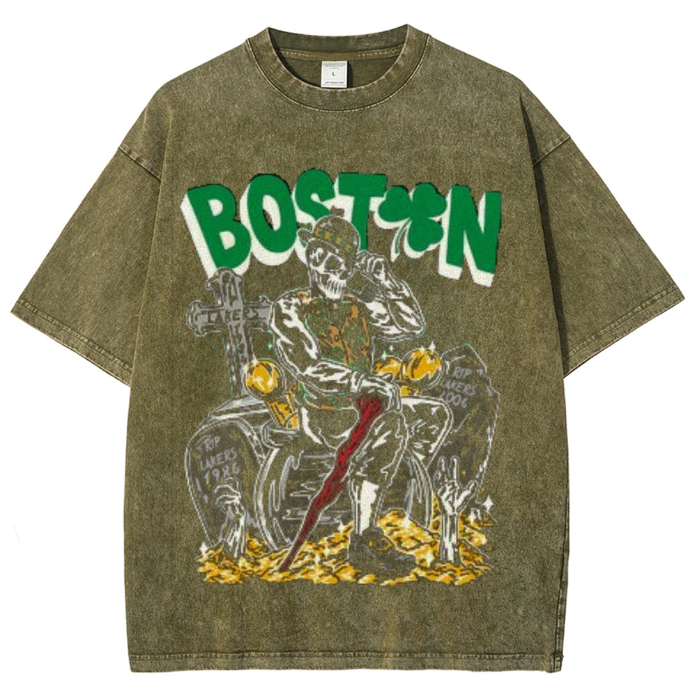 Unisex Vintage Boston Darkness Style Graphic Short Sleeve Washed T-shirt