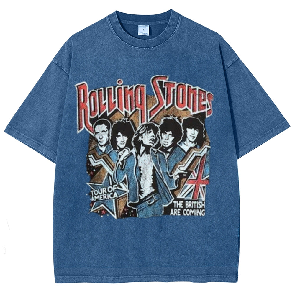 Unisex Vintage The Rolling Stone Rock Band Print Short Sleeve Casual Graphic Washed T-shirt