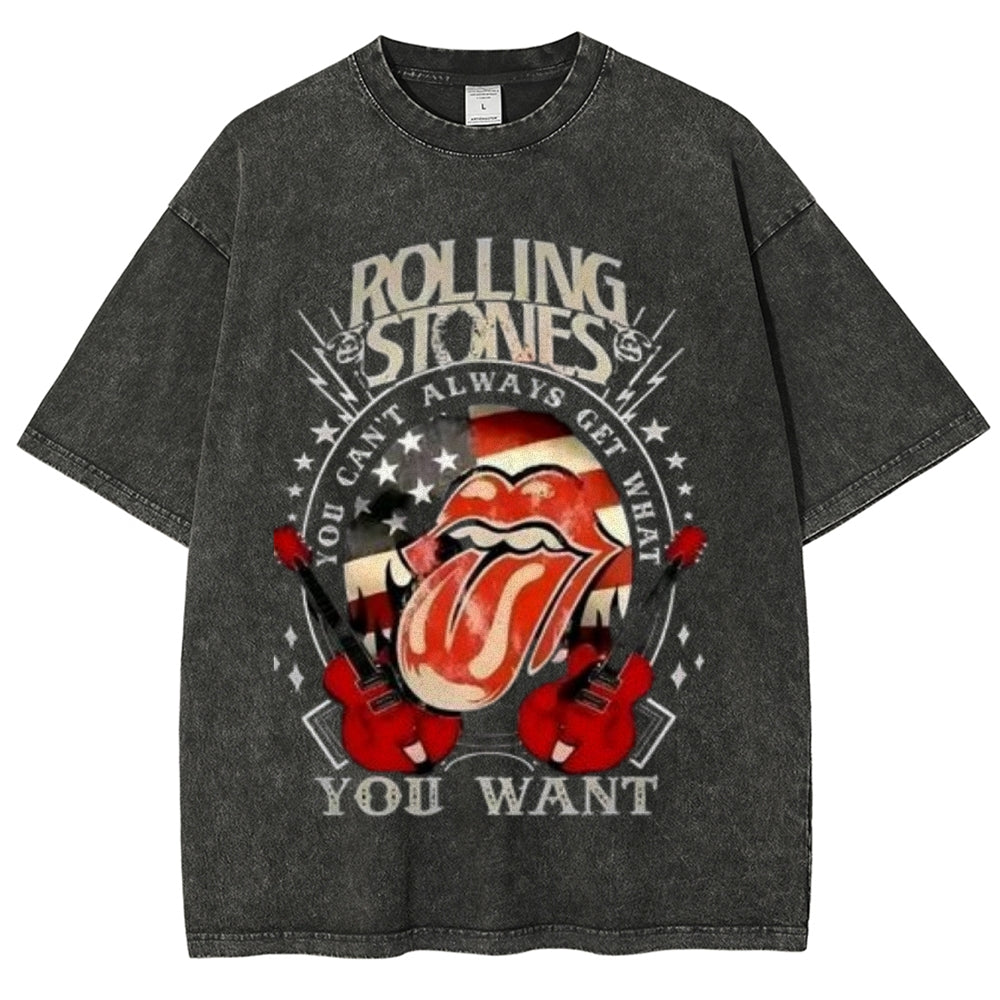 Unisex Vintage The Rolling Stone Rock Band Print Short Sleeve Casual Graphic Washed T-shirt