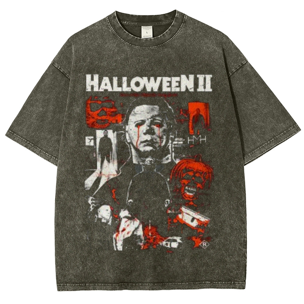 Unisex Vintage Halloween Horror Style Graphic Short Sleeve Washed T-shirt