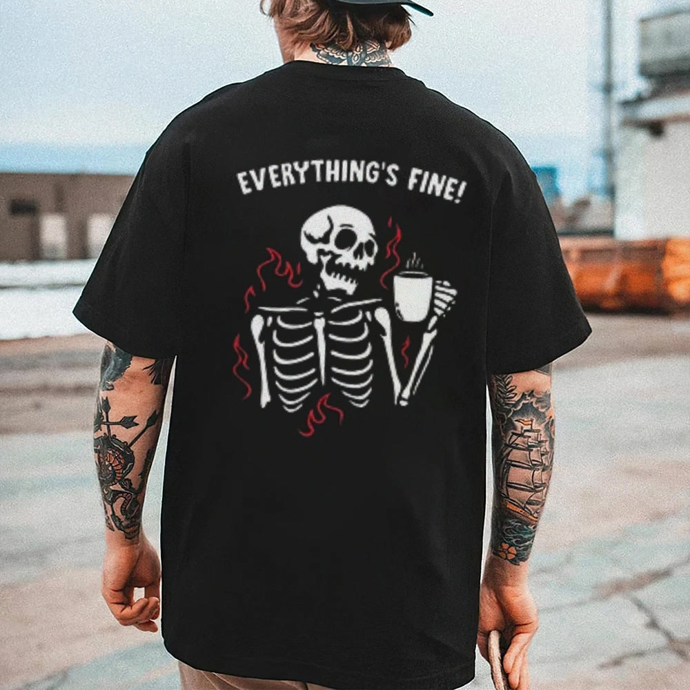 Mens EVERYTHING IS FINE Coffee Skull Graphic Tee