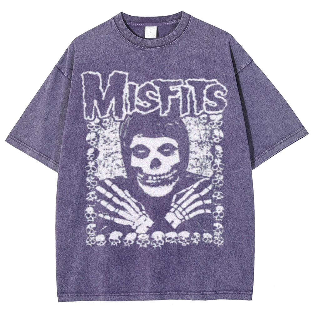 Unisex Vintage The Misfits Rock Band Print Short Sleeve Casual Graphic Washed T-shirt