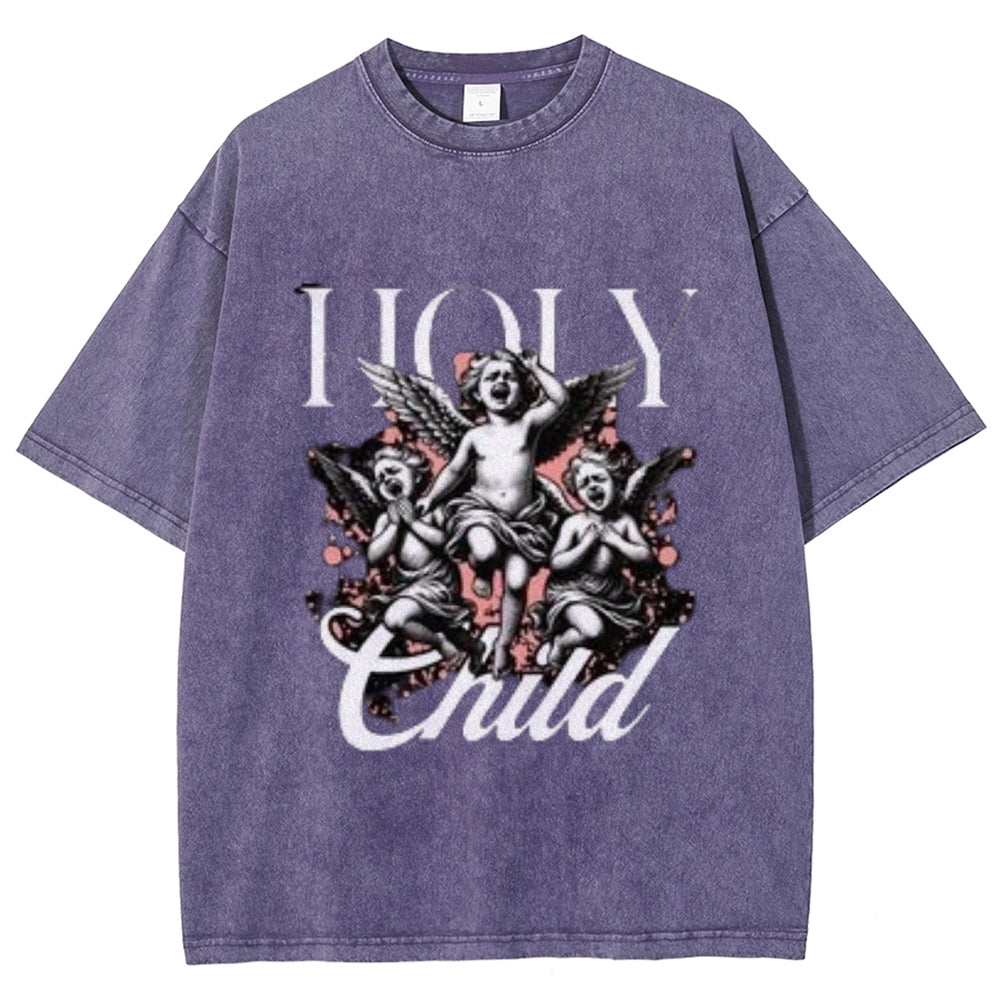 Women Washed Vintage Holy Child Graphic T-shirt