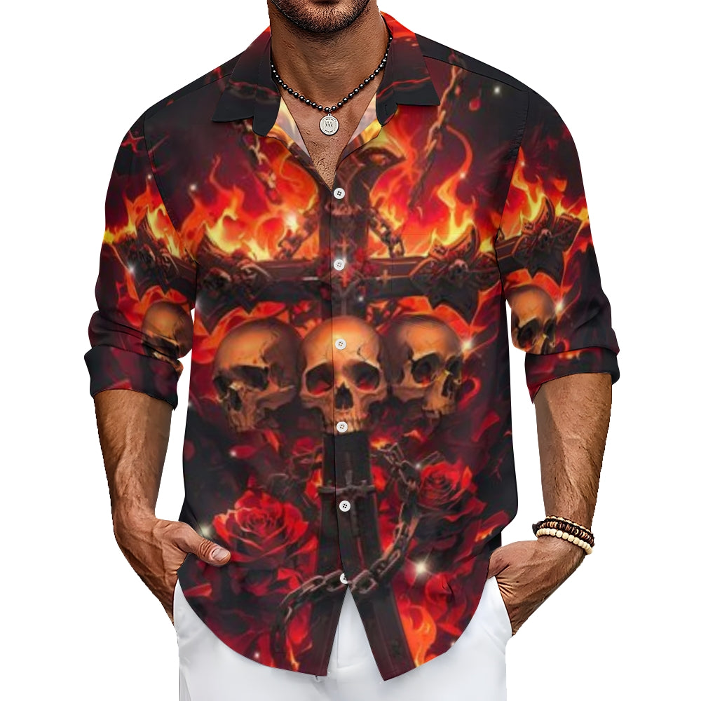 Mens Fire Skull with Roses 3D Print Long Sleeve Shirt