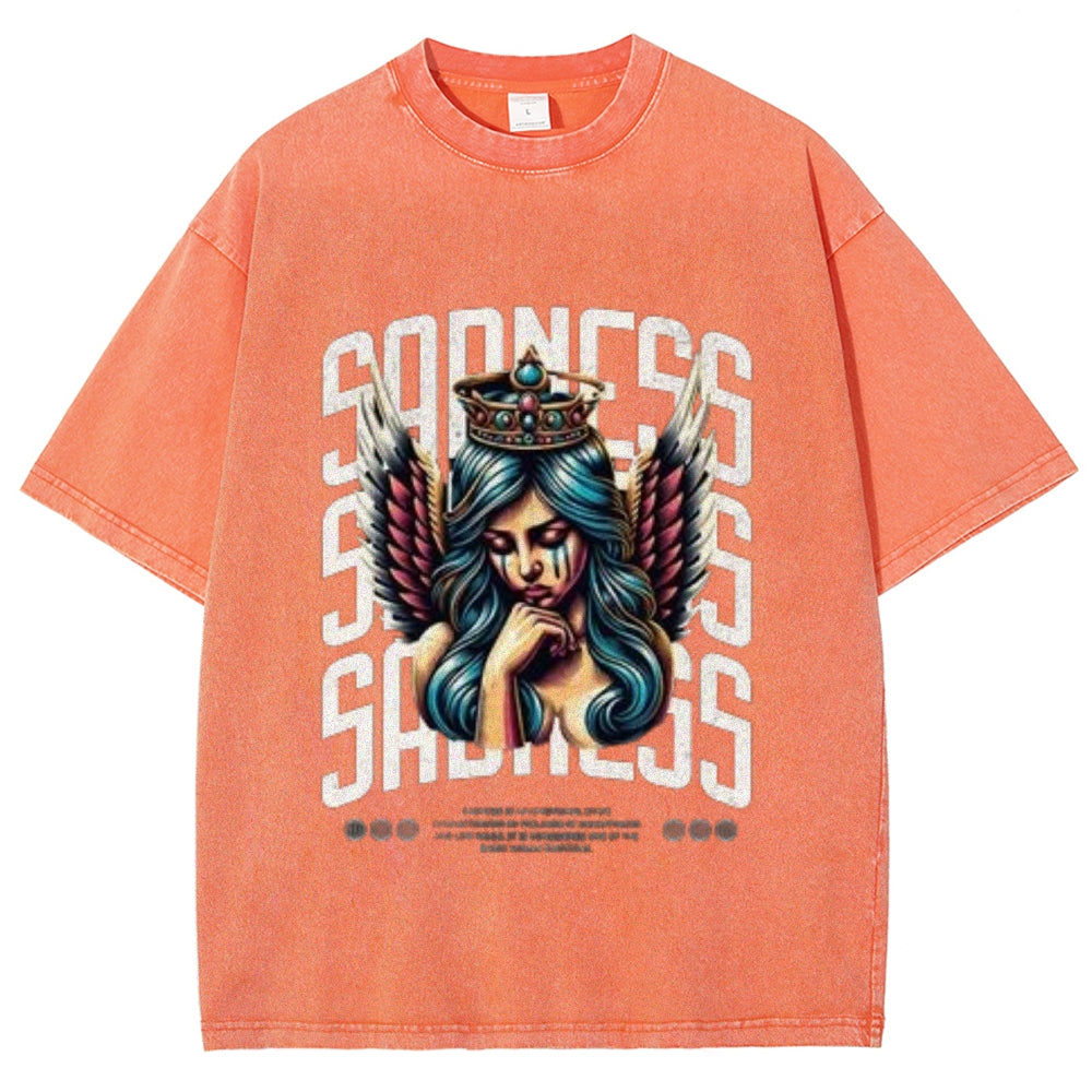 Women Washed Vintage Sading Angel Graphic T-shirt