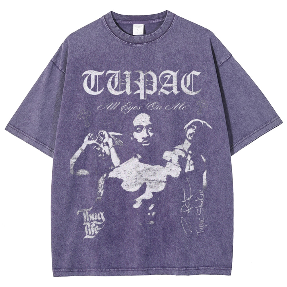 Unisex Vintage Tupac Darkness Style Graphic Short Sleeve Washed T-shirt