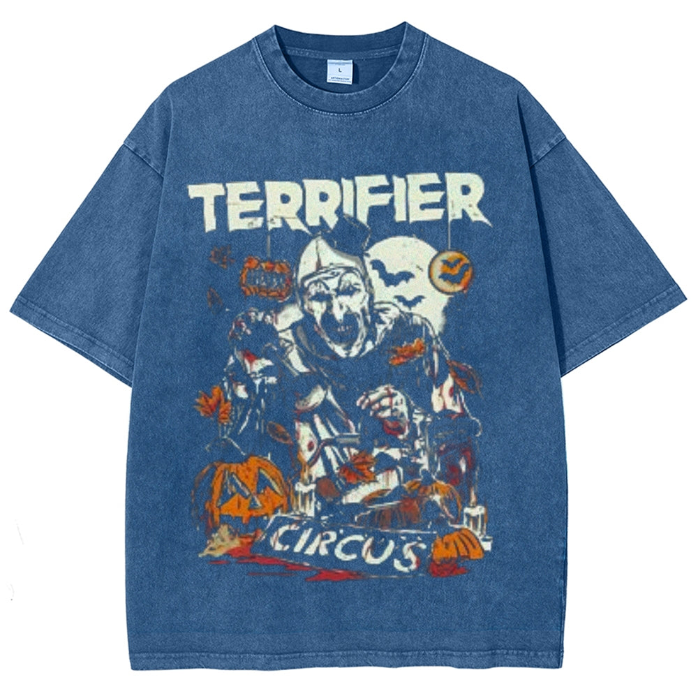 Unisex Vintage Terrifier Horror Graphic Short Sleeve Washed T-shirt