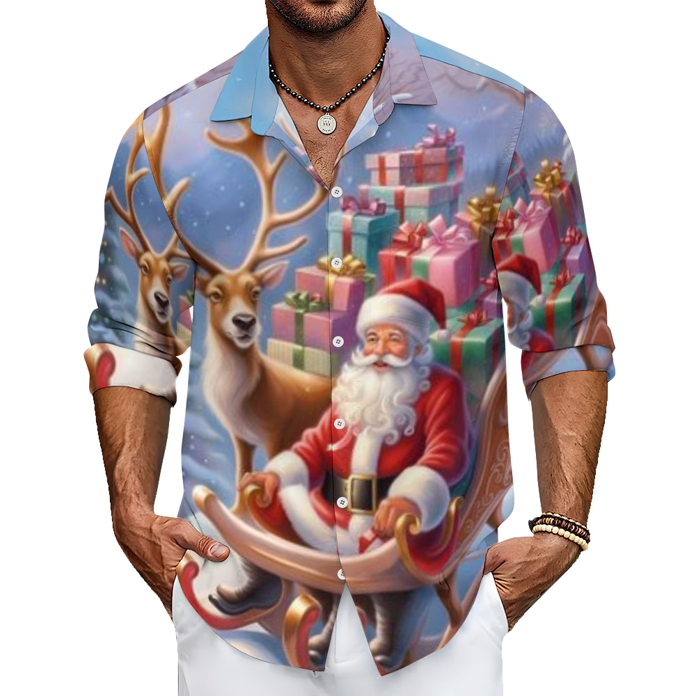 Mens Christmas Santa Claus Winter Snow Print Long Sleeve Shirt