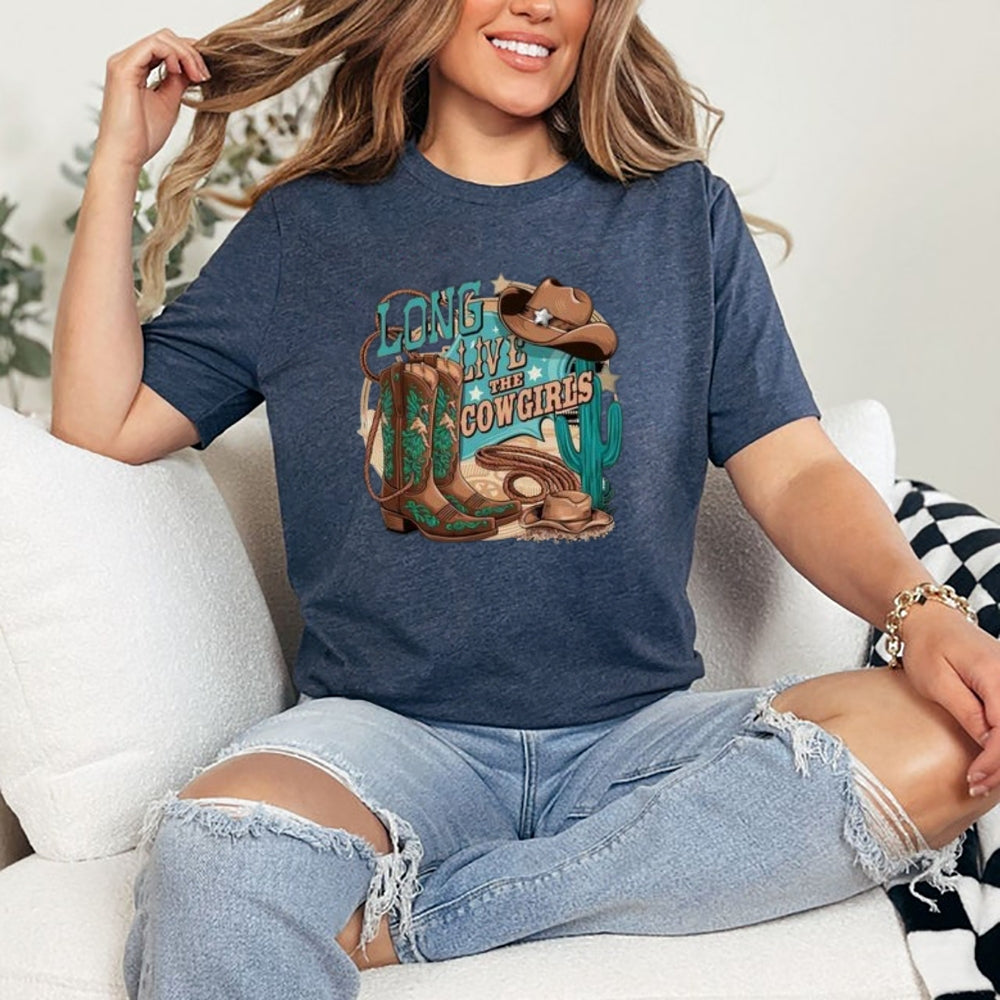 Women Western Cowboy Style Long Live The Cowgirl Graphic T-shirt