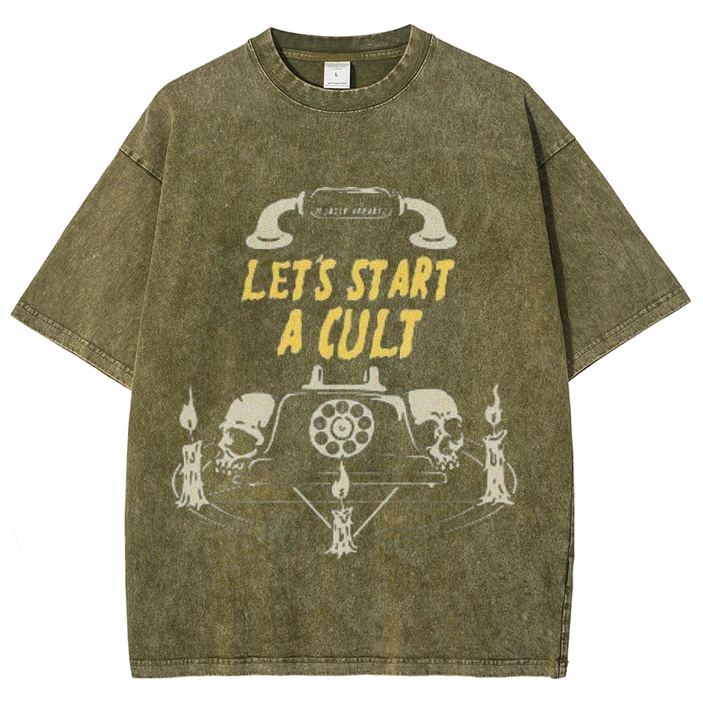 Unisex Vintage Let's Start A Cult Graphic Short Sleeve Washed T-shirt