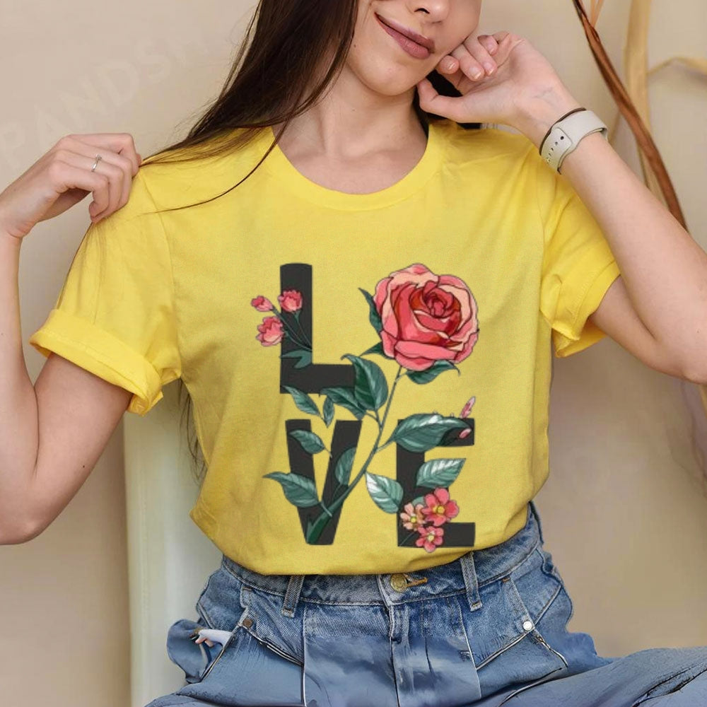 Women Love Flower Print Graphic T-shirt