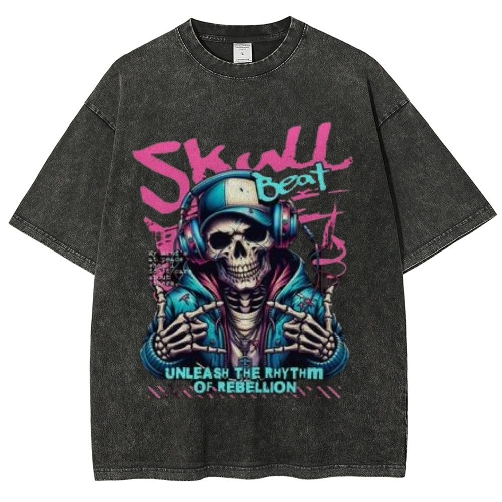 Women Washed Vintage Skull Beat Graphic T-shirt