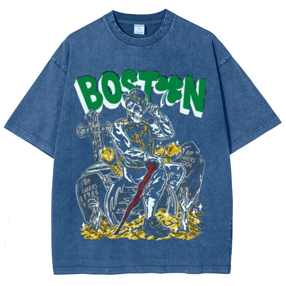 Unisex Vintage Boston Darkness Style Graphic Short Sleeve Washed T-shirt