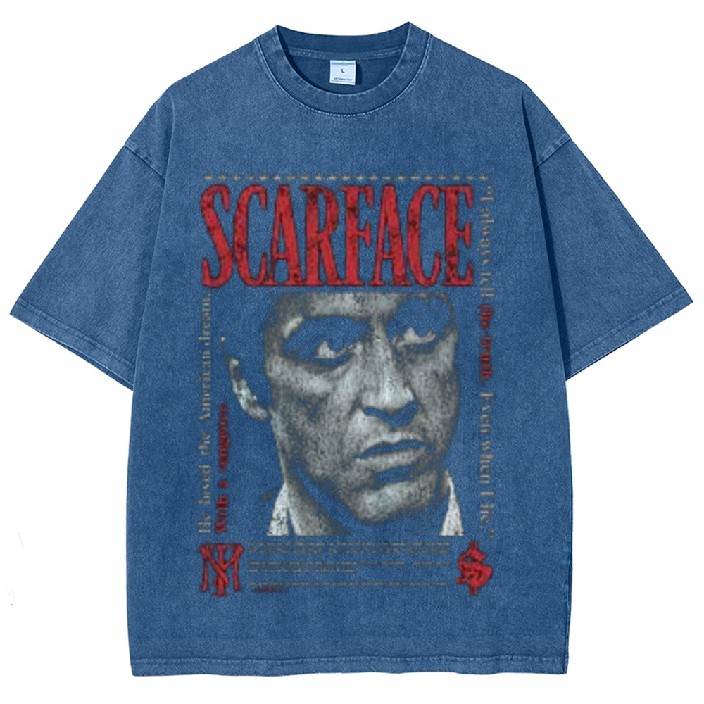 Unisex Vintage Scarface Horror Graphic Short Sleeve Washed T-shirt