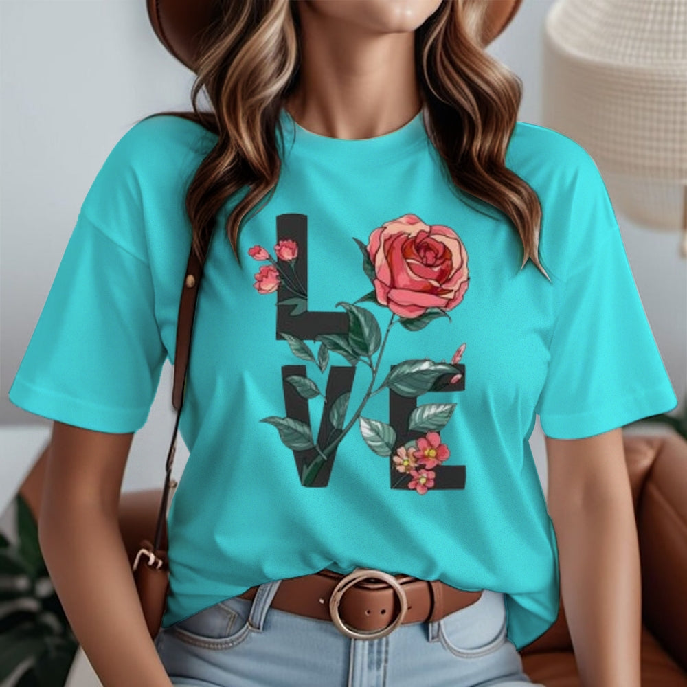 Women Love Flower Print Graphic T-shirt