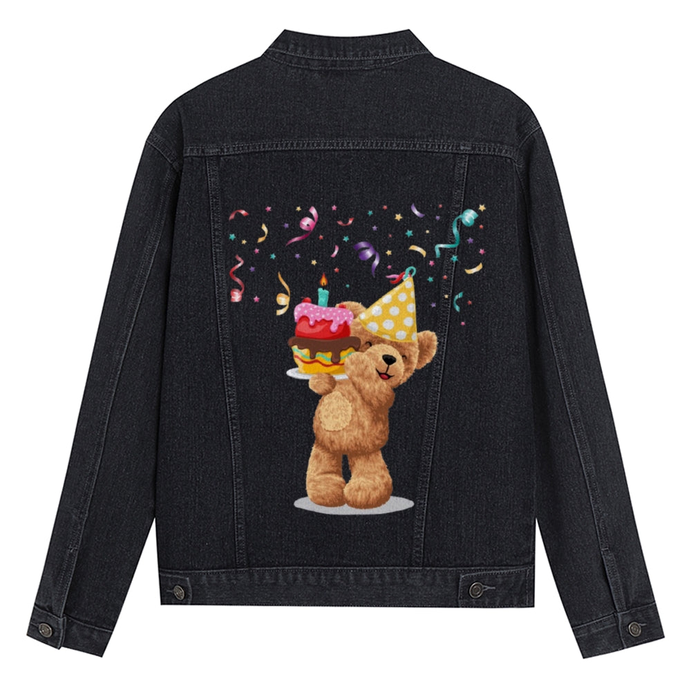 Mens Vintage Cartoon Prints Happy Birthday To Cute Little Bear Denim Jacket