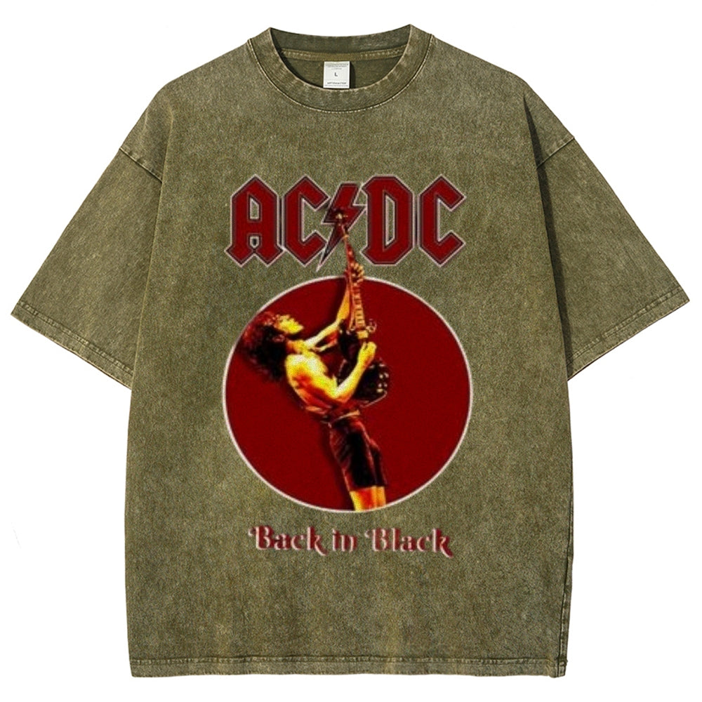 Unisex Vintage The Acdc Rock Band Print Short Sleeve Casual Graphic Washed T-shirt