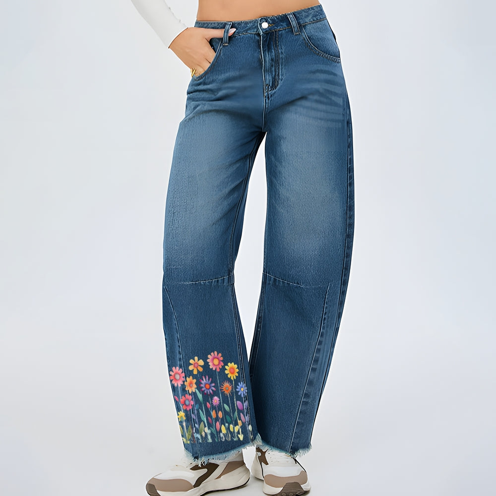 Women Boho Wildflower Floral Graphic Baggy Straight Leg Jean