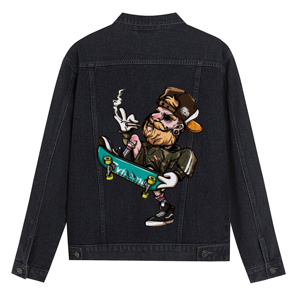 Mens Vintage Skate Cartoon Prints Denim Jacket