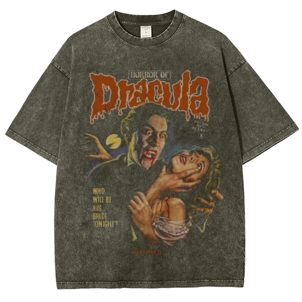 Unisex Vintage Horror of the Dracula Movies Graphic Short Sleeve Washed T-shirt