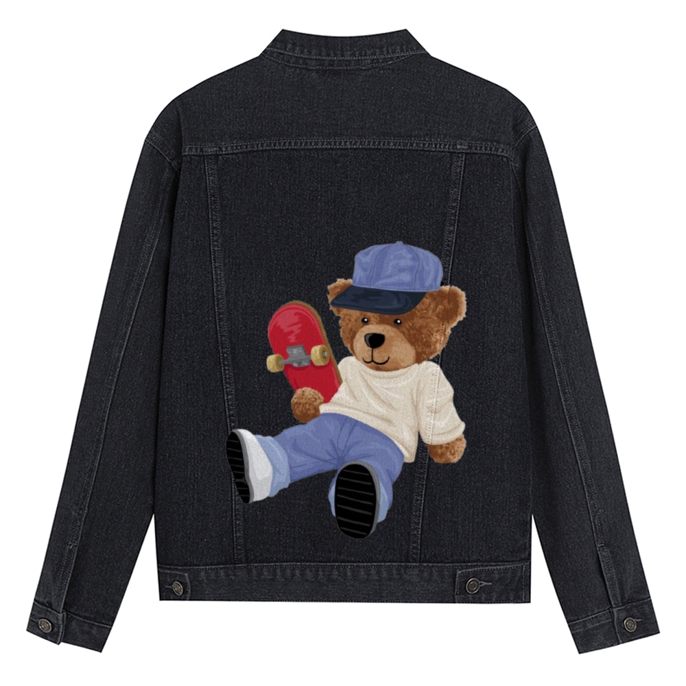 Mens Vintage Cartoon Cute Bear Prints Denim Jacket