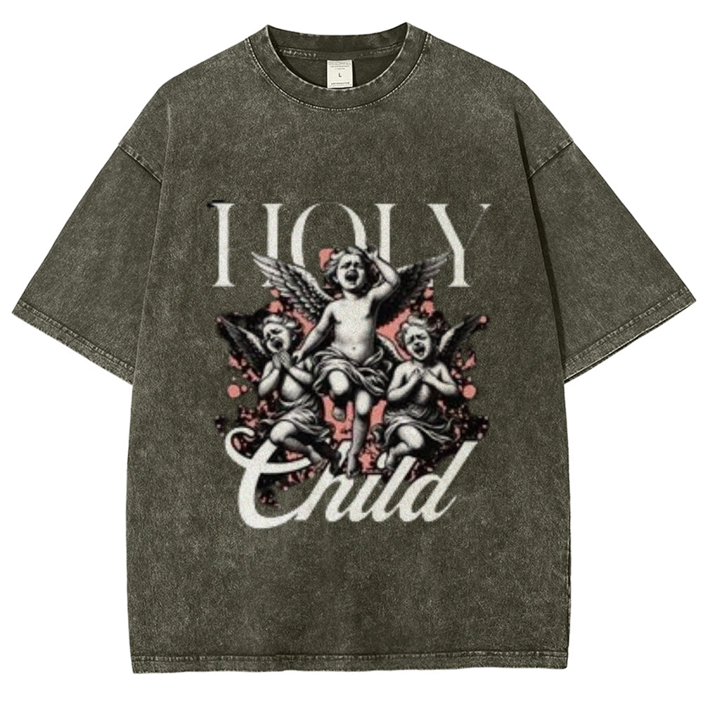 Women Washed Vintage Holy Child Graphic T-shirt