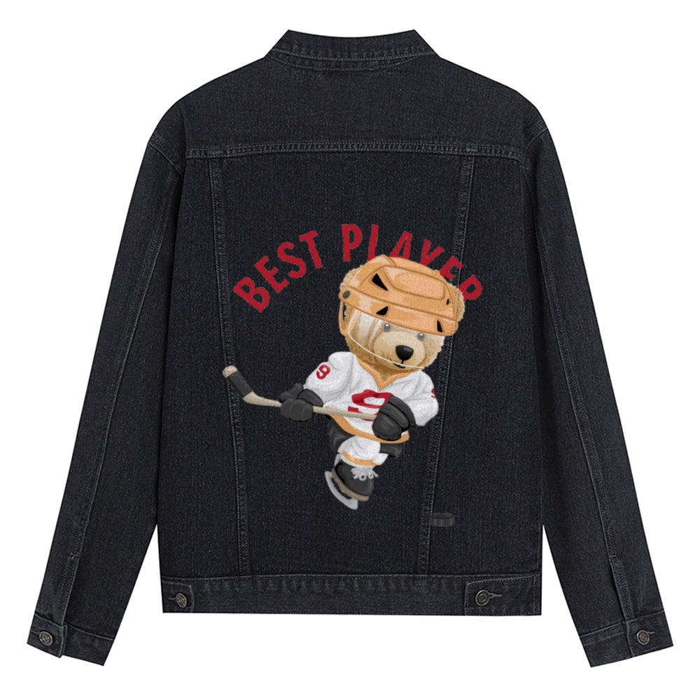 Mens Vintage Cartoon Cute Bear BEST PLAYER Prints Denim Jacket