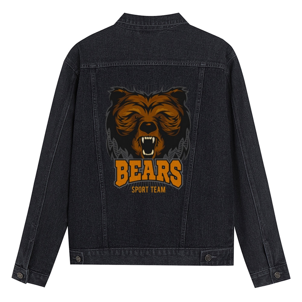 Mens Vintage Cartoon BEARS SPORT TEAM Prints Denim Jacket