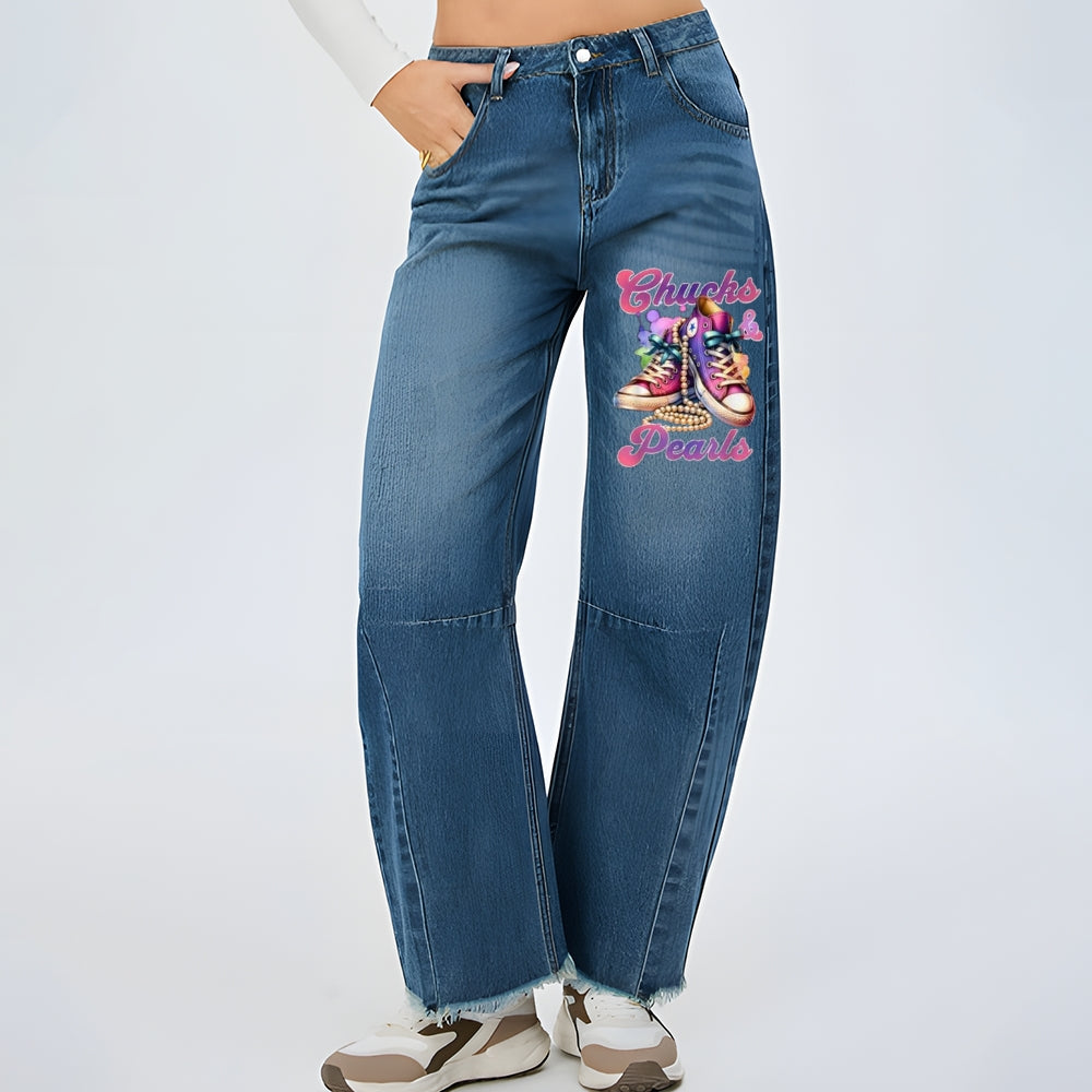 Women Chucks And Pearls Graphic Baggy Straight Leg Jean