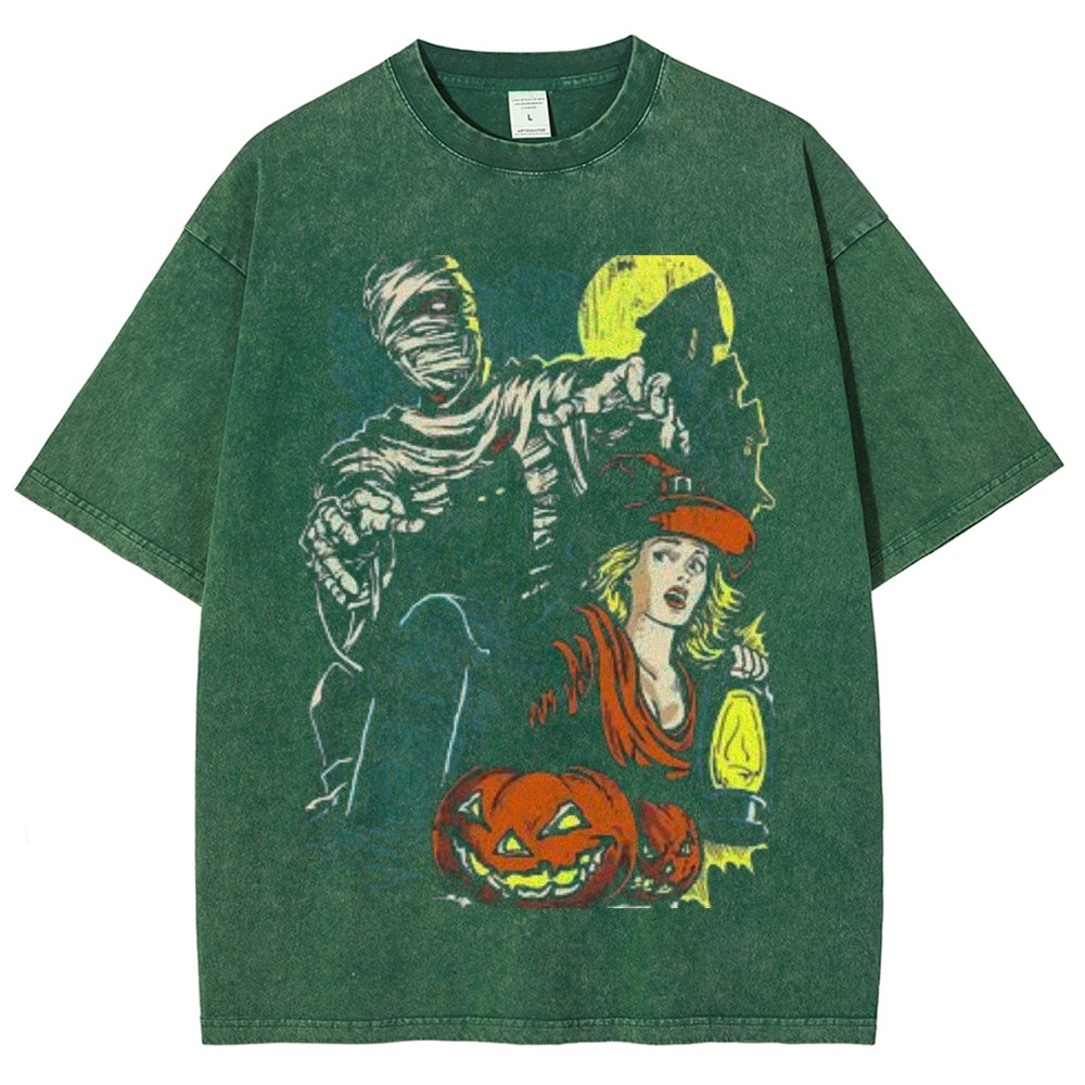 Unisex Vintage Haunted Trails Horror raphic Short Sleeve Washed T-shirt