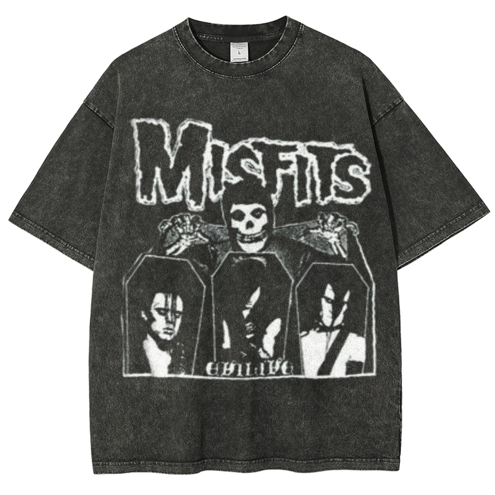 Unisex Vintage The Misfits Rock Band Print Short Sleeve Casual Graphic Washed T-shirt