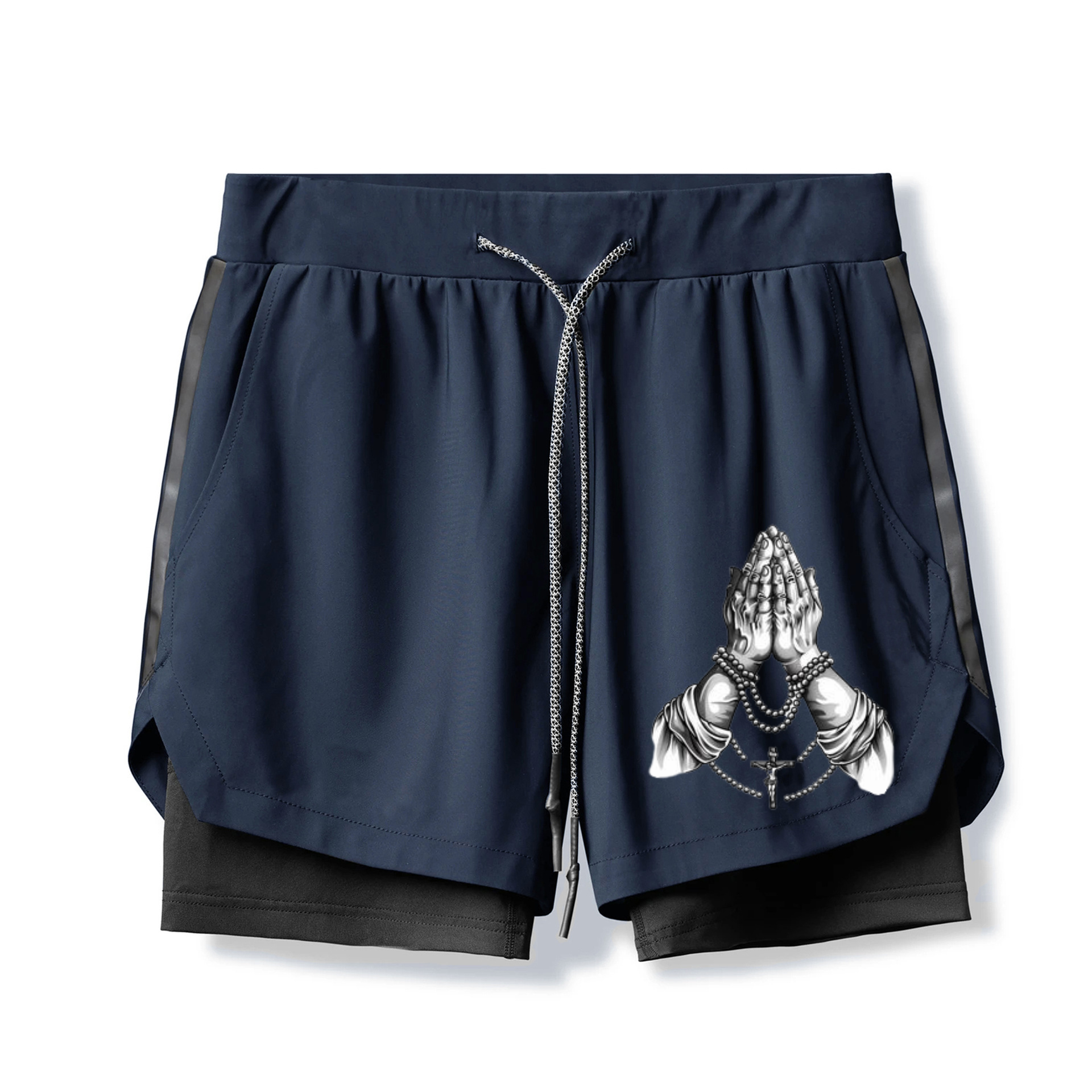 Praying Hands Skull Print 2 In 1 Gym Shorts for Men