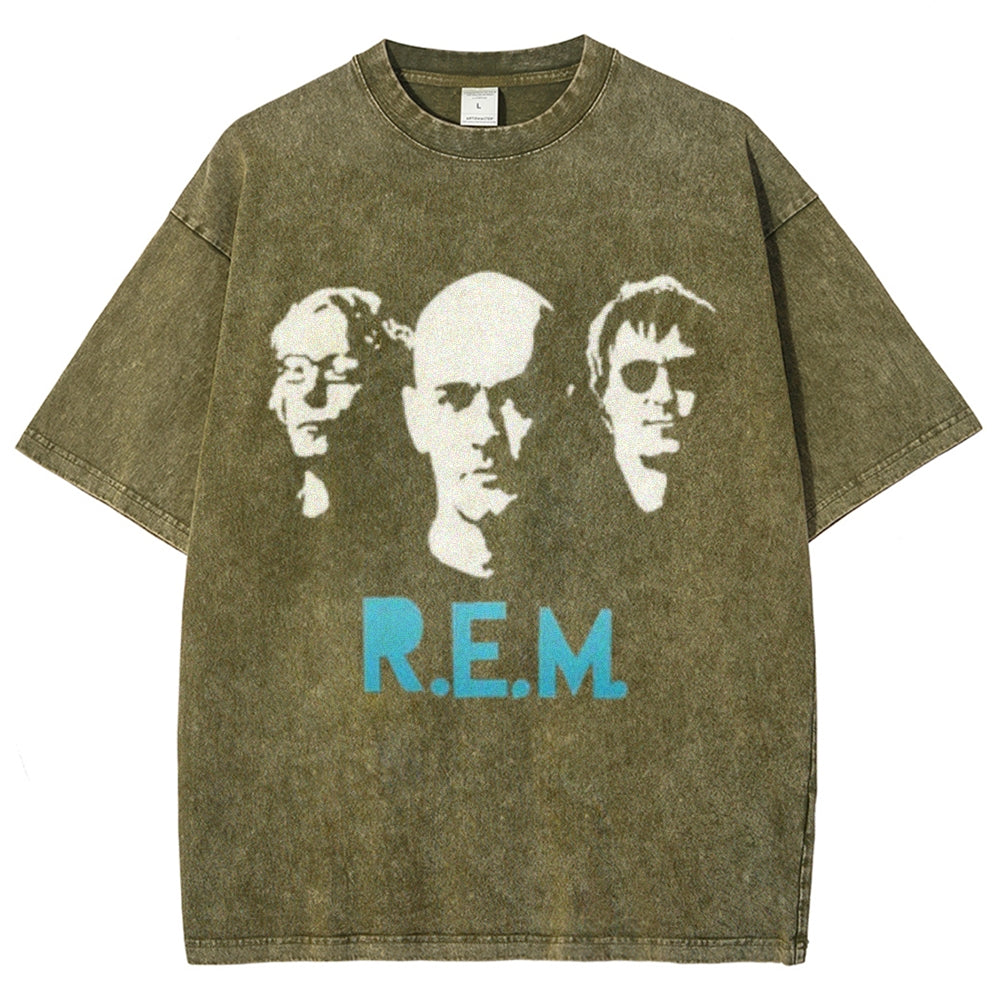 Unisex Vintage The Rem Rock Band Print Short Sleeve Casual Graphic Washed T-shirt