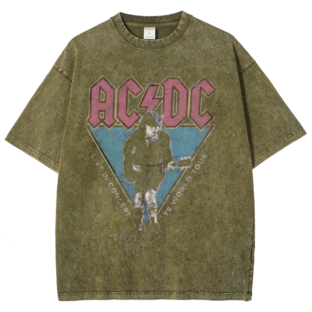 Unisex Vintage The Acdc Rock Band Print Short Sleeve Casual Graphic Washed T-shirt