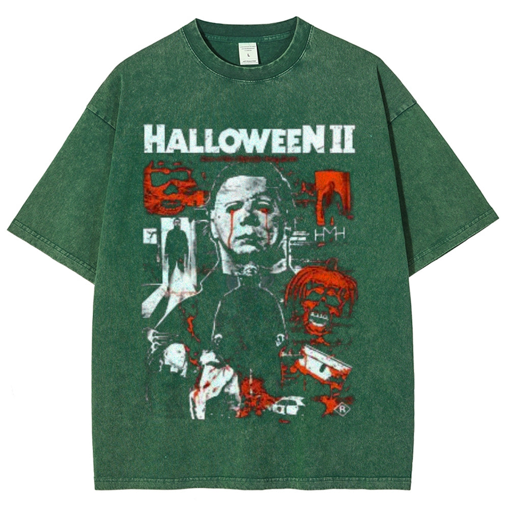 Unisex Vintage Halloween Horror Style Graphic Short Sleeve Washed T-shirt