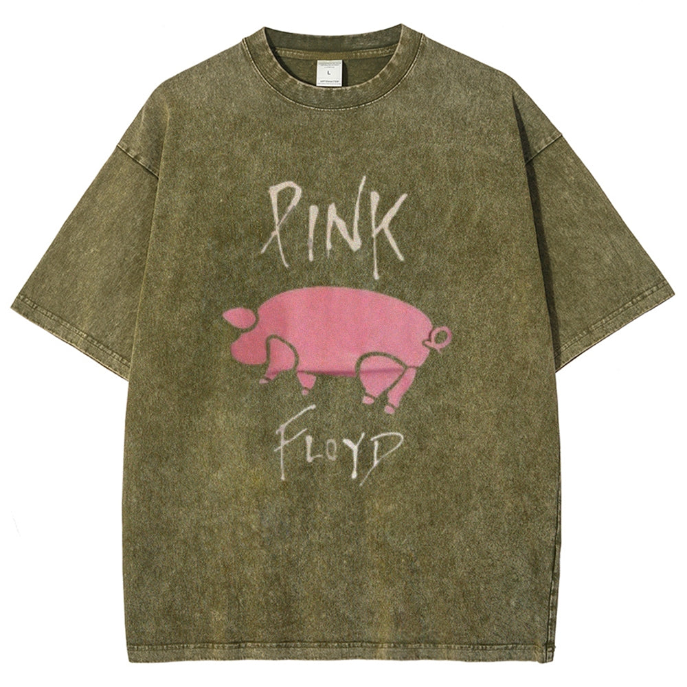 Unisex Vintage The Pink Rock Band Print Short Sleeve Casual Graphic Washed T-shirt