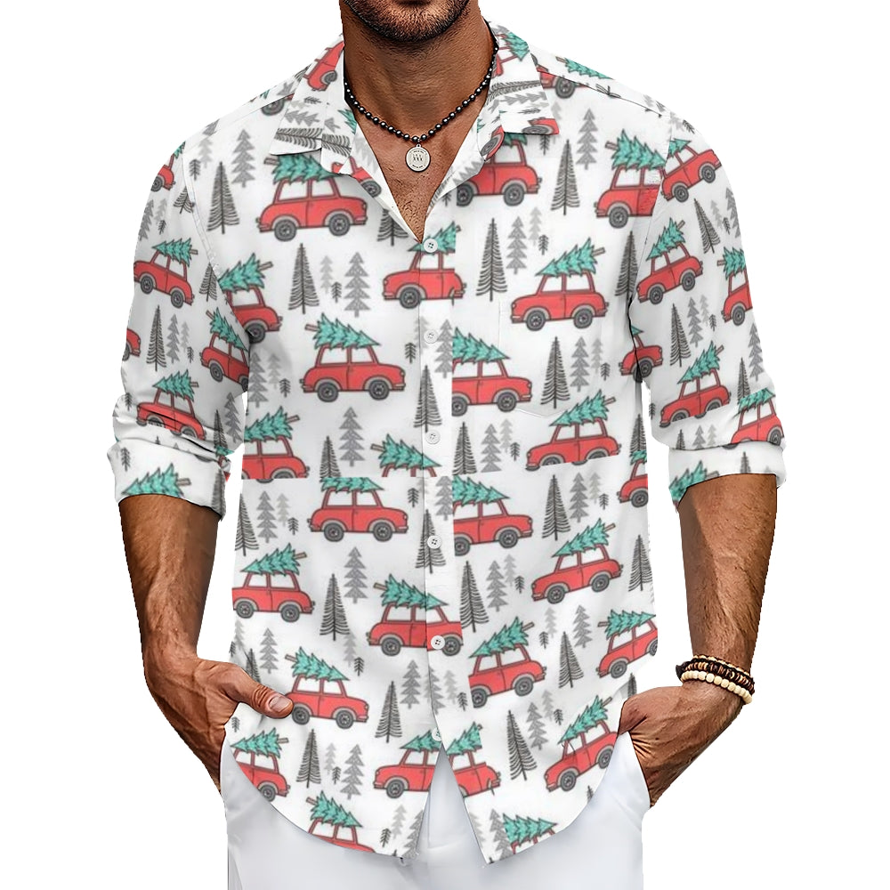 Mens Christmas Festival Tree And Car Print Long Sleeve Shirt