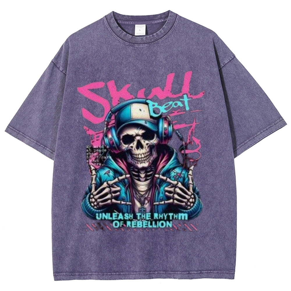 Women Washed Vintage Skull Beat Graphic T-shirt