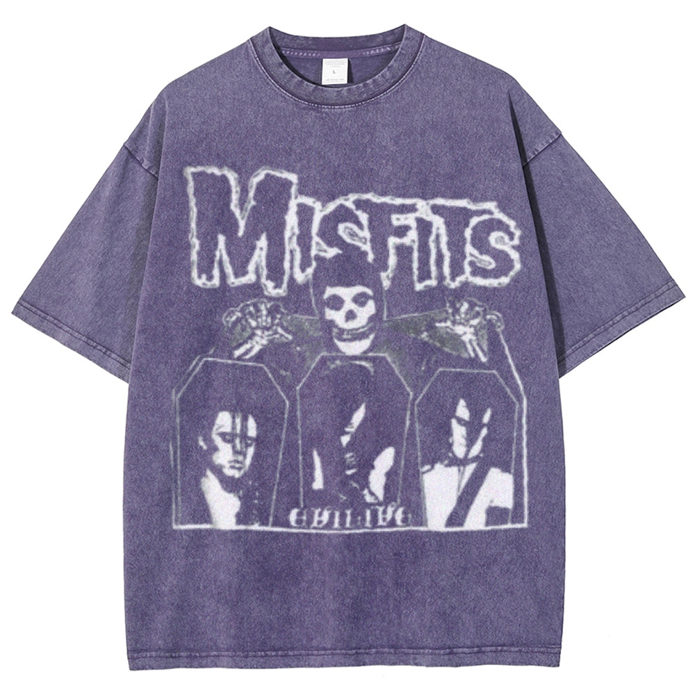 Unisex Vintage The Misfits Rock Band Print Short Sleeve Casual Graphic Washed T-shirt