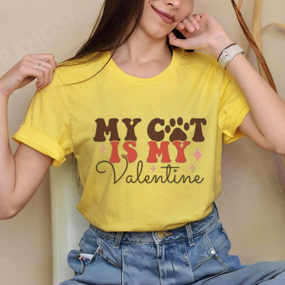 Women My Cat Is My Valentine's Day Print Graphic T-shirt