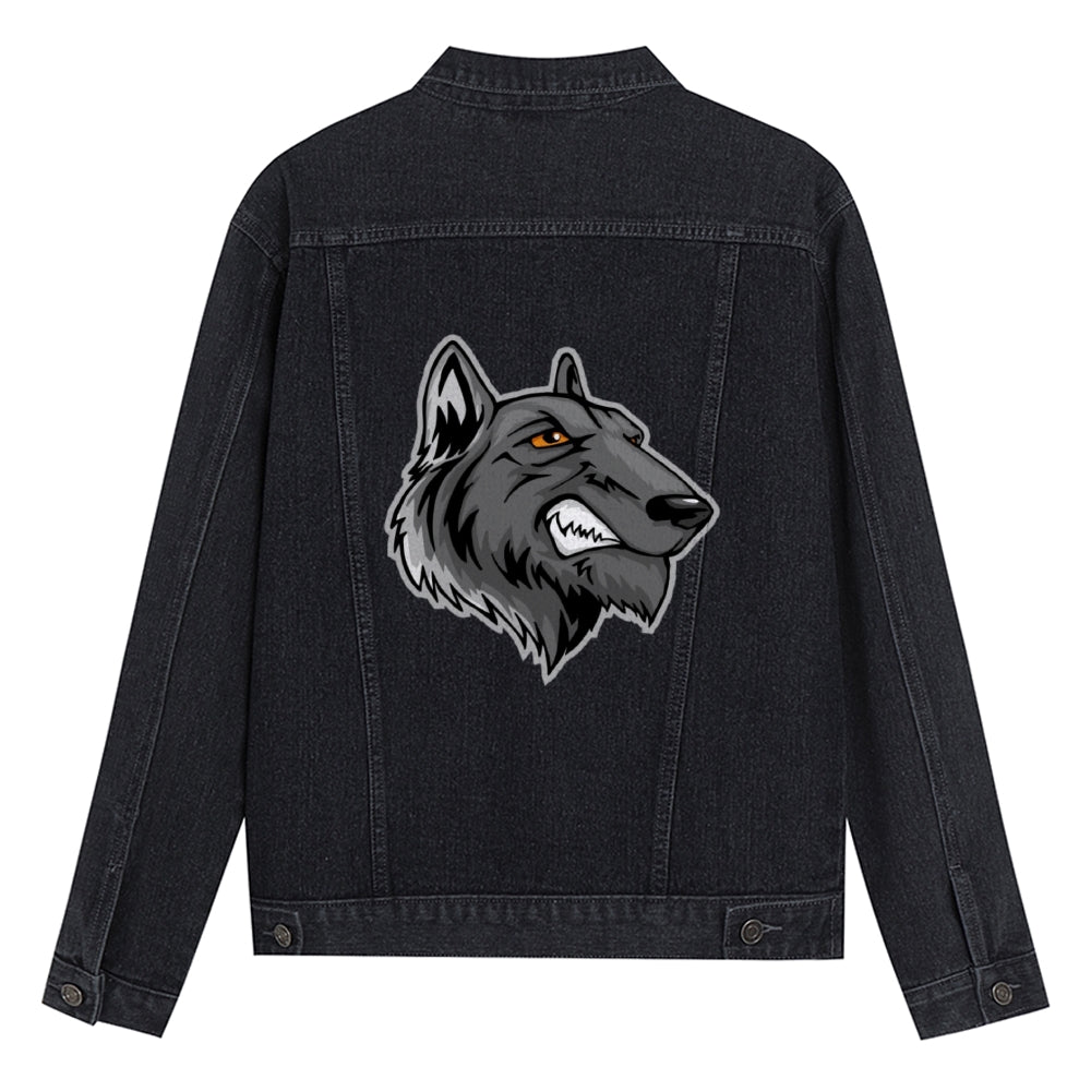 Mens Vintage Cartoon Prints Big Bad Wolf Head Denim Jacket