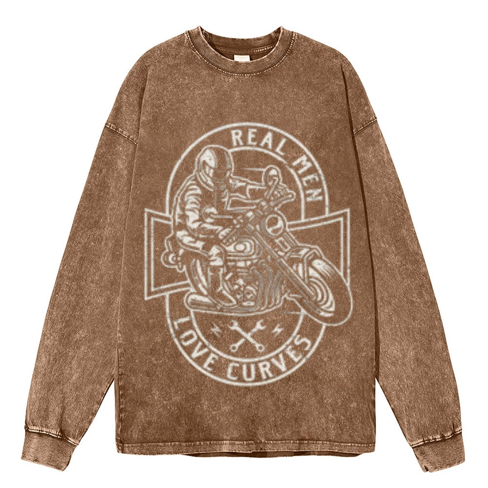 Oversized Vintage Washed REAL MEN LOVE CURVES Motorcycle Graphic Sweatshirt