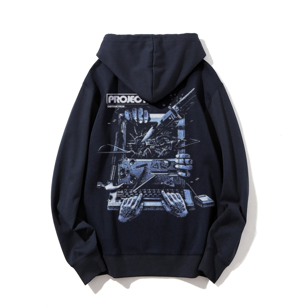 Mens Vintage Machine Project Darkness Style Print Graphic Pullover With Kangaroo Pocket Hoodies