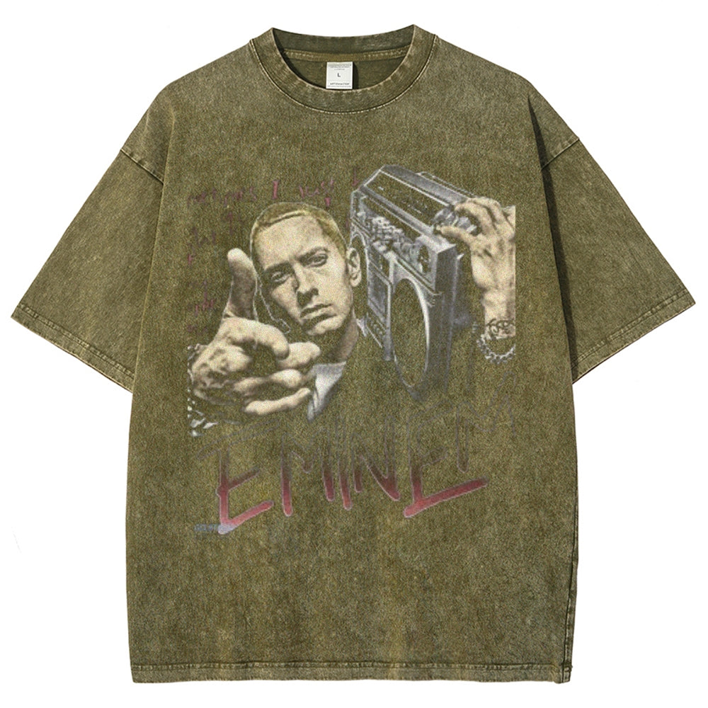 Unisex Vintage Eminem Darkness Style Graphic Short Sleeve Washed T-shirt