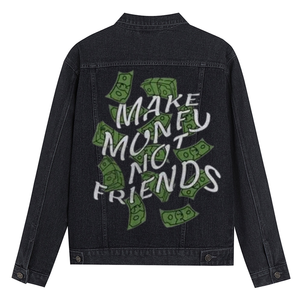 Mens Vintage MAKE MANEY NO FRIENDS Letter Graphic Denim Jacket