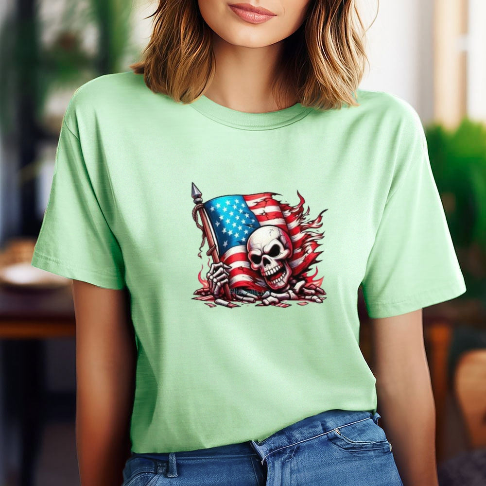 Women Flag Independence Day Skull Print T-shirt