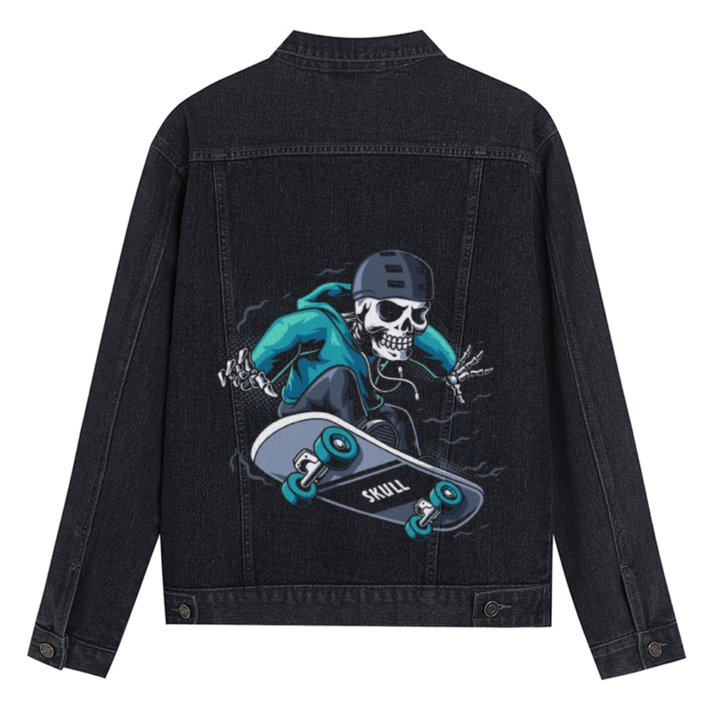 Mens Vintage Skate Cartoon Prints Skeleton Denim Jacket